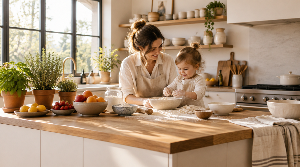 Mother and toddler baking together in a warm modern kitchen
