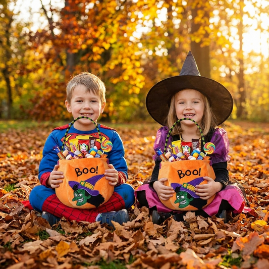 Kids with pumpkin Halloween treat bags in autumn leaves