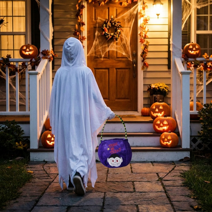 Child trick-or-treating with purple pumpkin Halloween treat bag