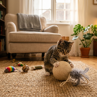 Beige sisal cat scratch ball lifestyle