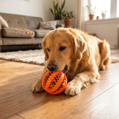 Orange treat feeder dog chew ball