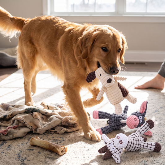 Corduroy Squeaky Plush Dog Toy lifestyle