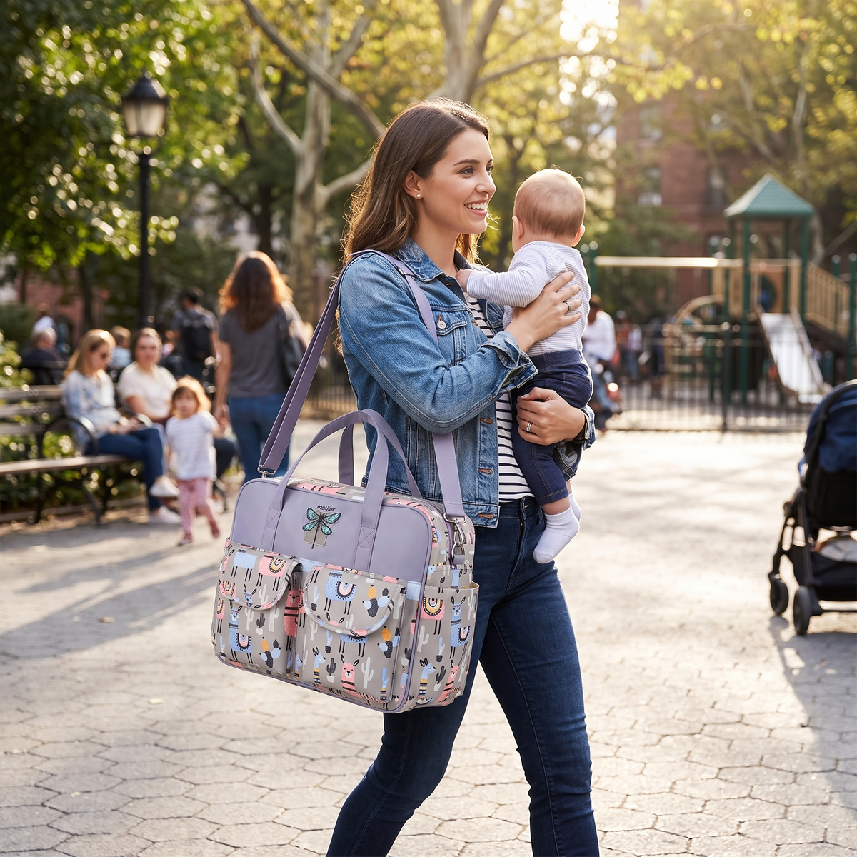 Gray Alpaca diaper bag lifestyle