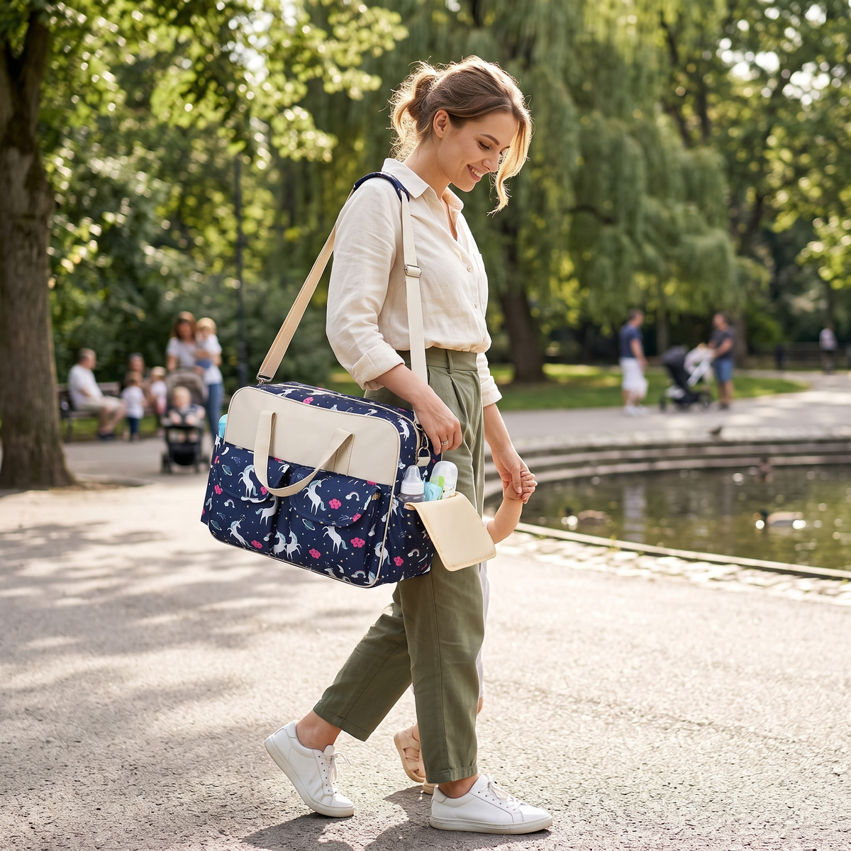 Navy Unicorn diaper bag lifestyle