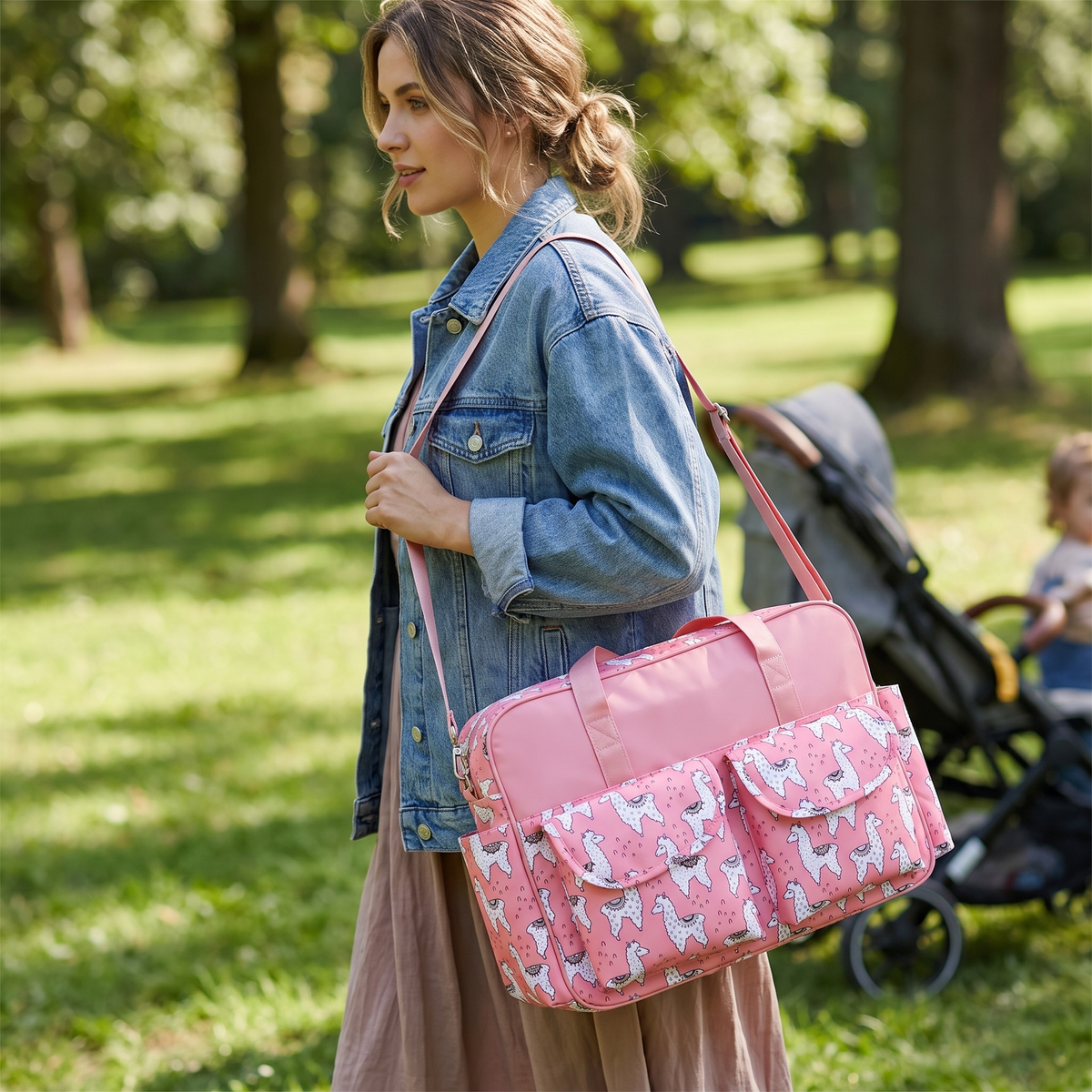 Pink Alpaca diaper bag lifestyle