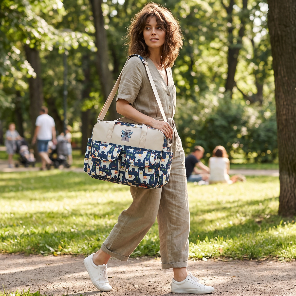 Navy Alpaca diaper bag lifestyle