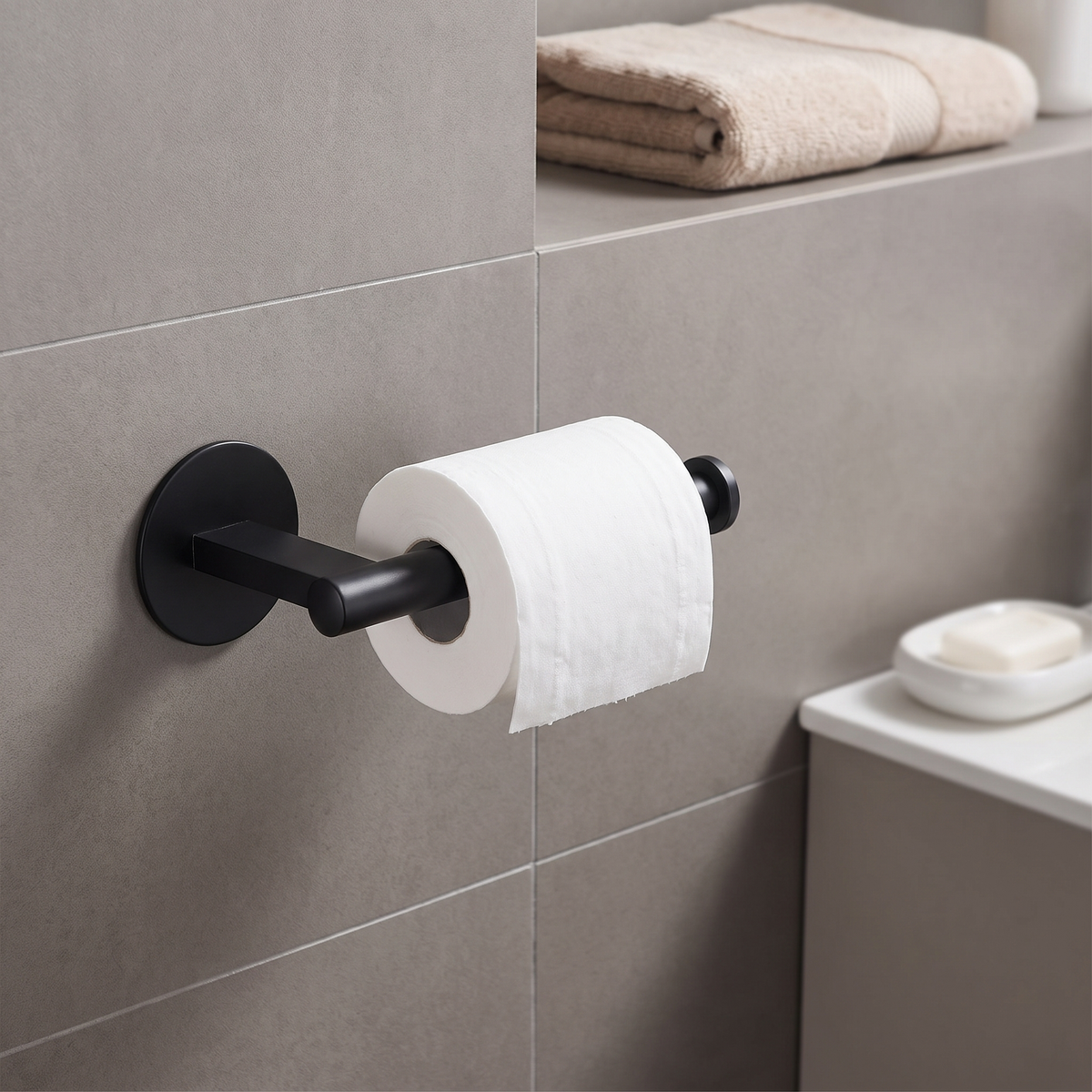 Black Adhesive Toilet Roll Holder lifestyle